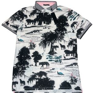 Greyson Men’s Wolf Print Black and White Graphic Polo Shirt XL NWT Golf Shirt